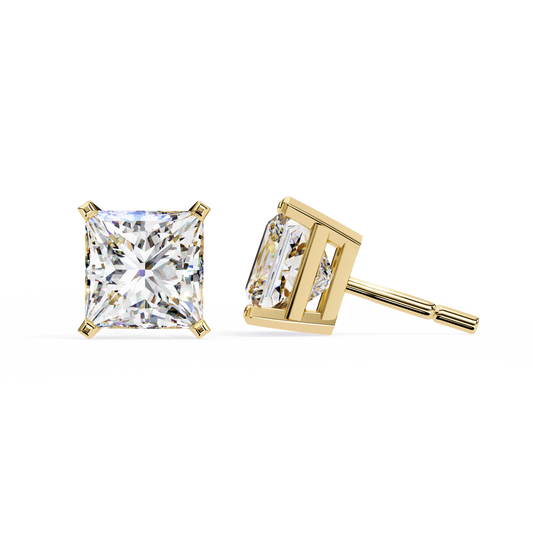 3.04 CTW princess-cut lab-grown diamond stud earrings set in polished 14K yellow gold.