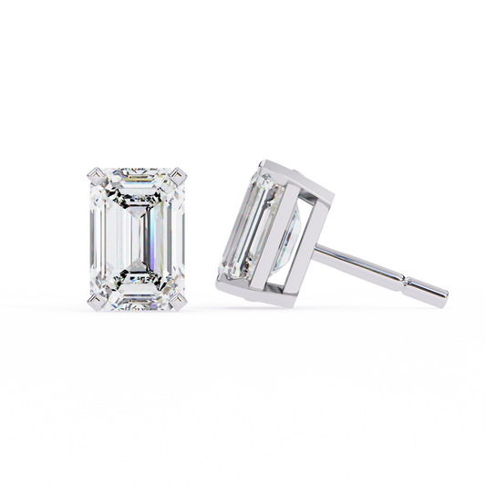 2.39 CTW emerald-cut lab-grown diamond stud earrings set in polished platinum.
