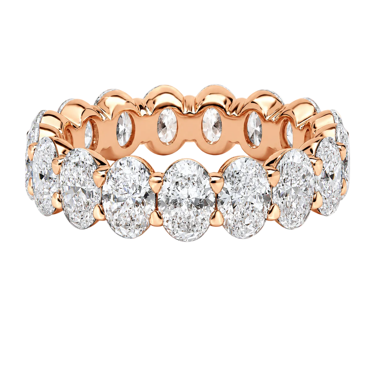 A rose gold eternity ring featuring a row of round brilliant-cut diamonds set in a scalloped rose gold band, shown on a clean white background.