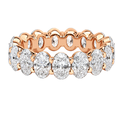 A rose gold eternity ring featuring a row of round brilliant-cut diamonds set in a scalloped rose gold band, shown on a clean white background.