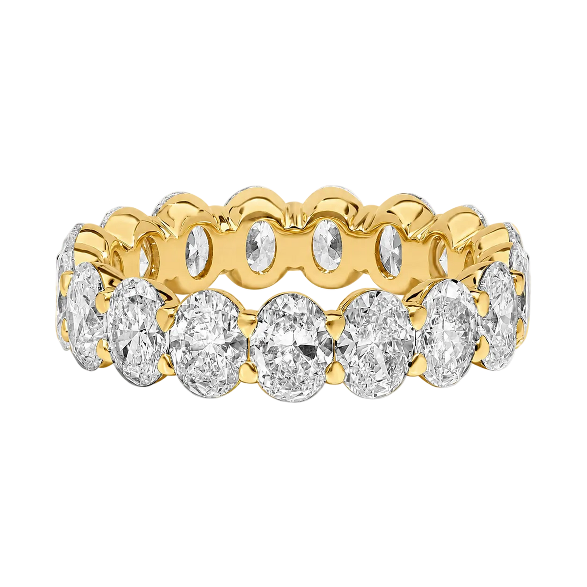 A yellow gold eternity ring featuring a continuous row of oval-cut clear diamonds in a prong setting, shown on a clean white background.