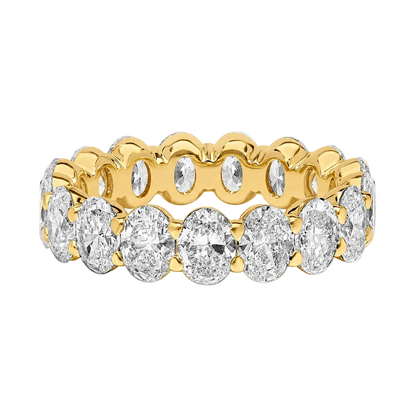 A yellow gold eternity ring featuring a continuous row of oval-cut clear diamonds in a prong setting, shown on a clean white background.