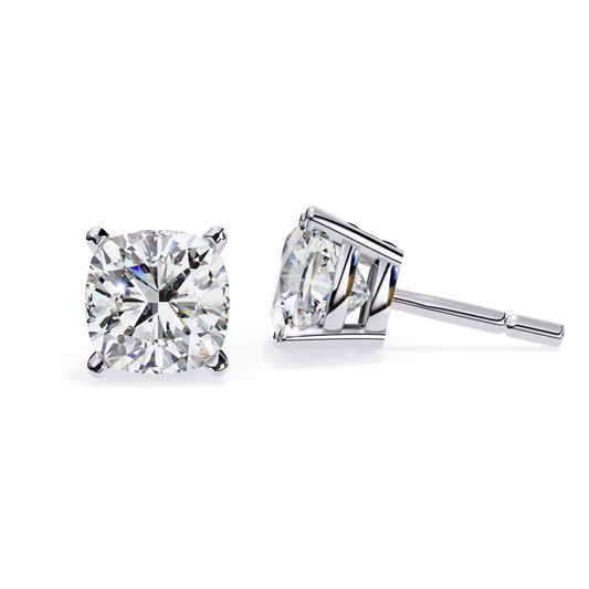 2.33 CTW cushion-cut lab-grown diamond stud earrings set in polished platinum.