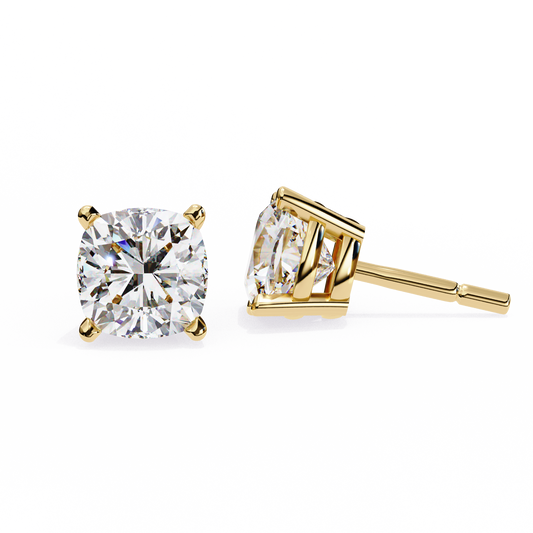 2.33 CTW cushion-cut lab-grown diamond stud earrings set in polished 14K yellow gold.