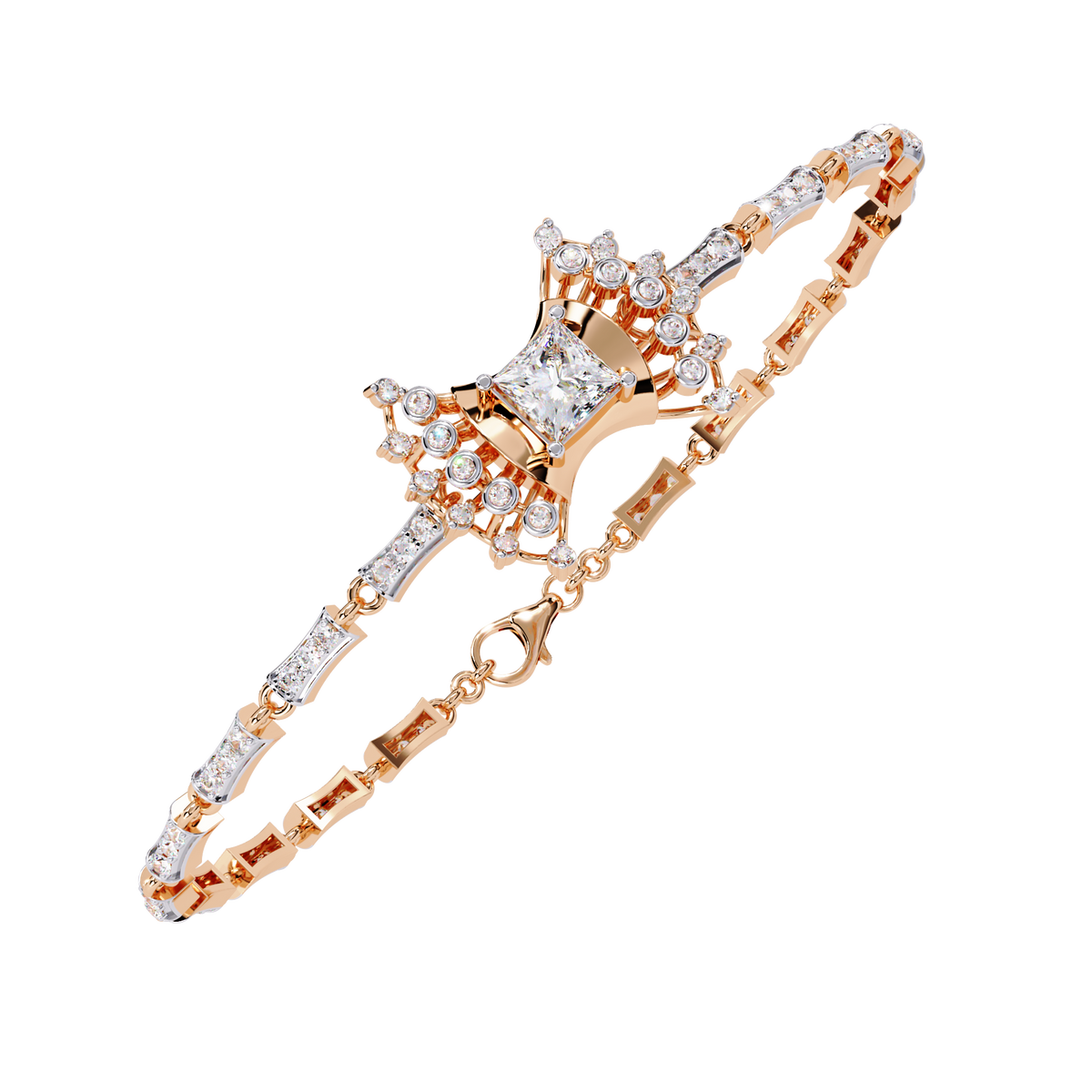 1.7 CTW Princess and Round Pavé Diamond Bracelet in Rose Gold, View 2