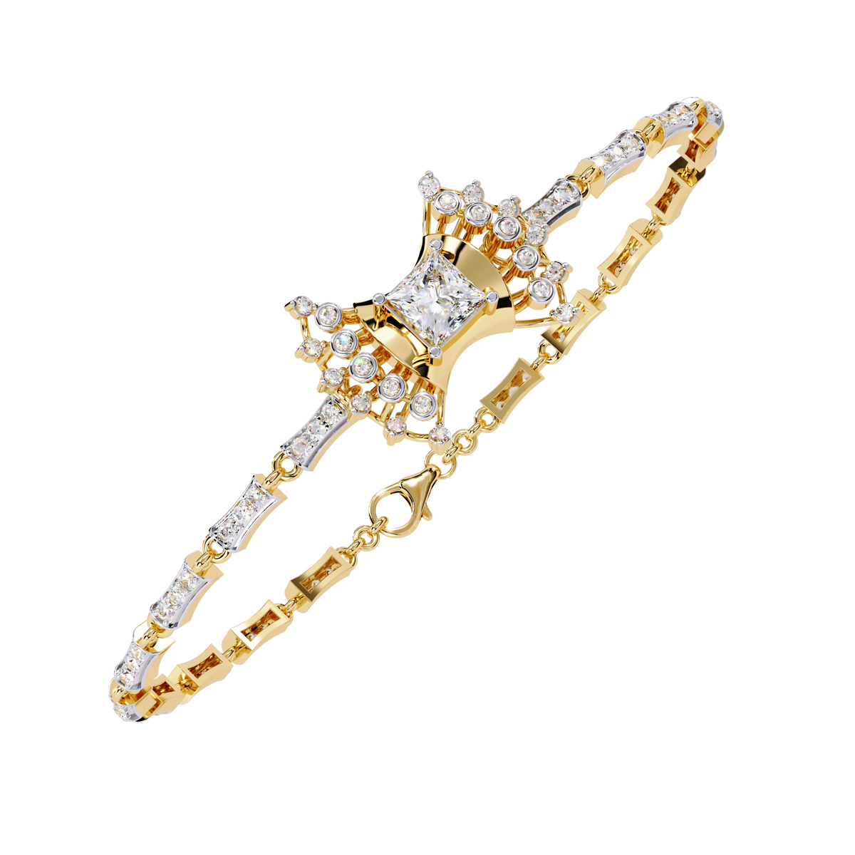 1.7 CTW Princess and Round Pavé Diamond Bracelet in Yellow Gold, View 1