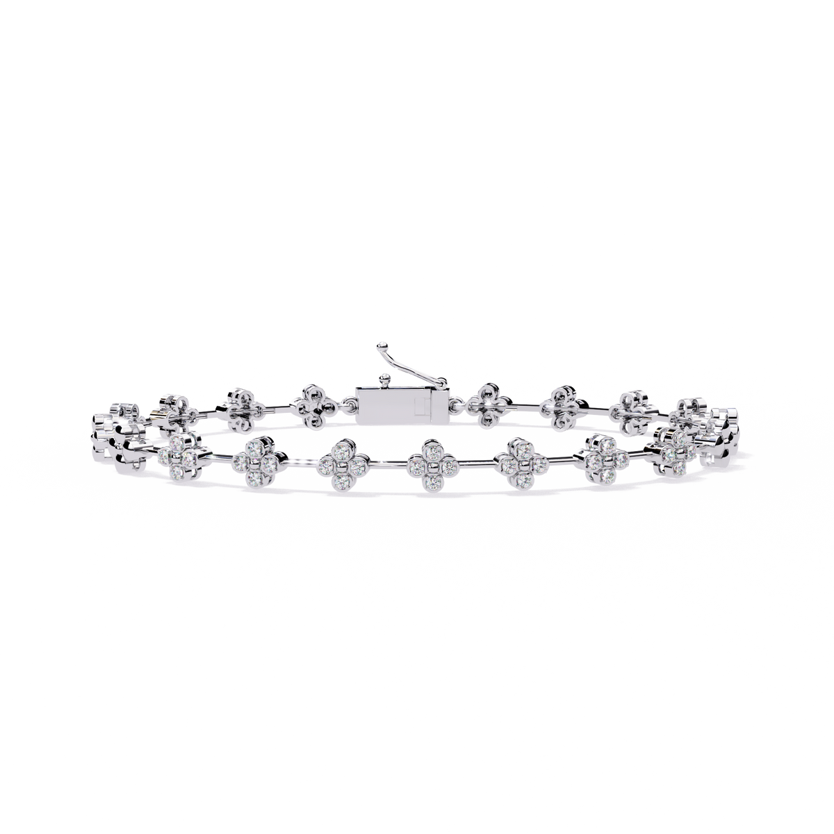 Four-petal floral-link diamond bracelet in White Gold – view 3