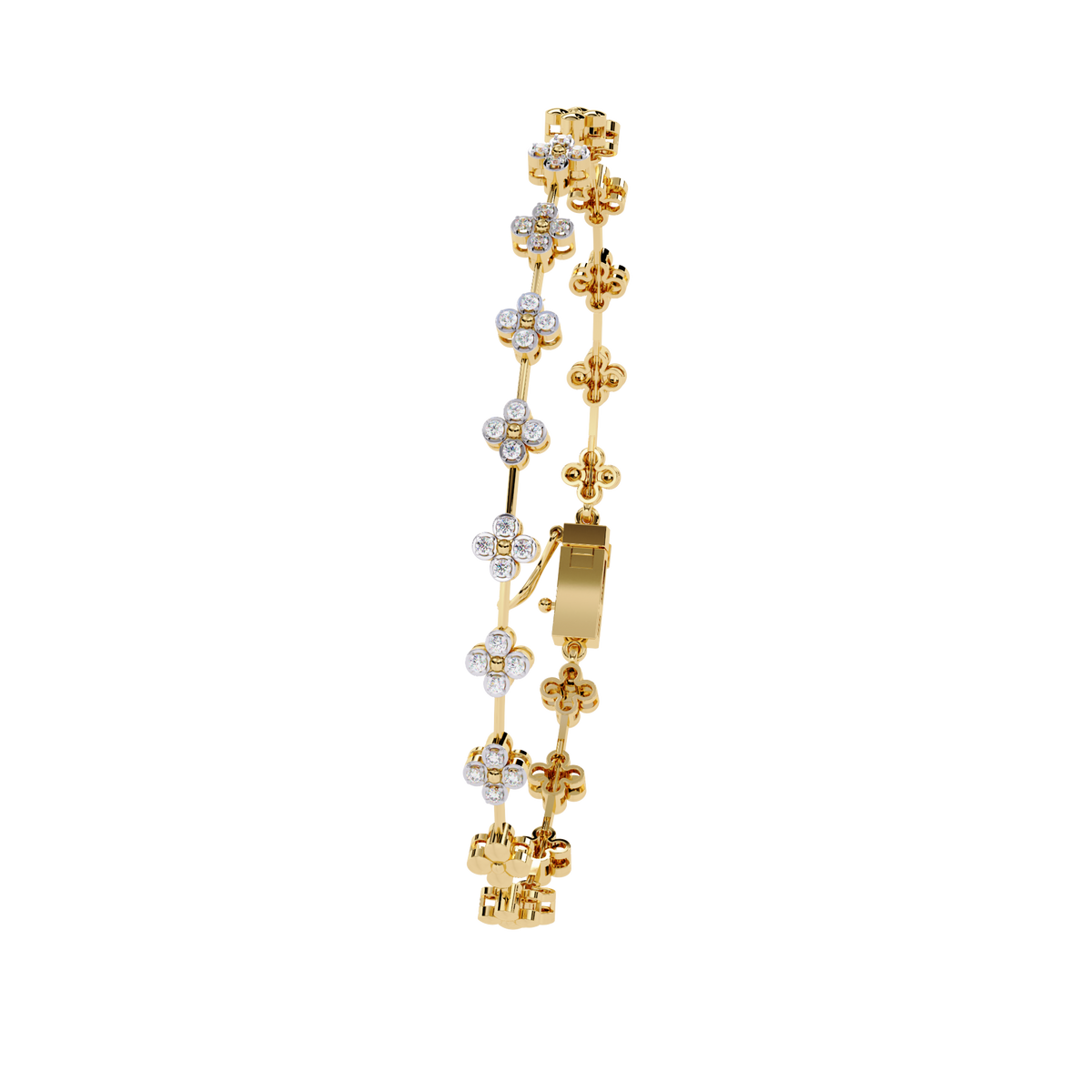 Four-petal floral-link diamond bracelet in Yellow Gold – view 10