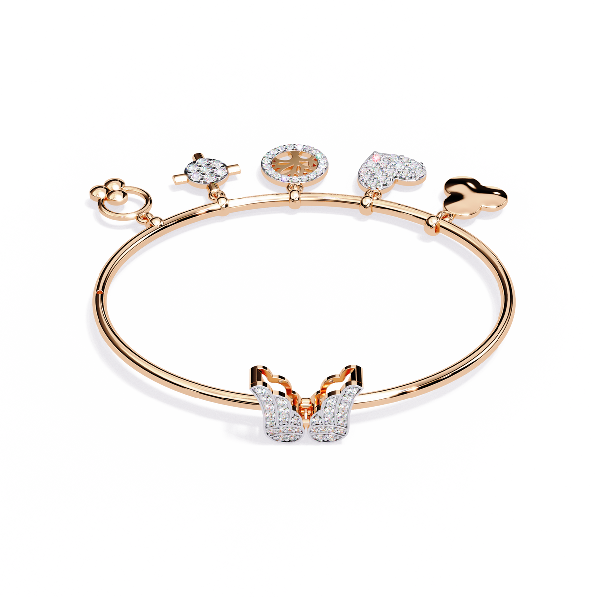 5.7 CTW Diamond Multi-Charm Bangle in Rose Gold front and detail view 3 – Lunéa Paris