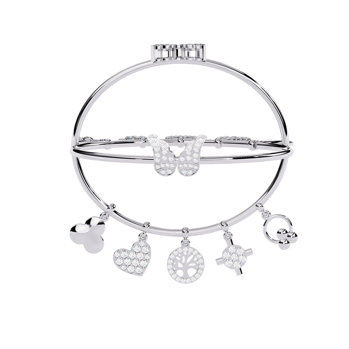 5.7 CTW Diamond Multi-Charm Bangle in White Gold front and detail view 13 – Lunéa Paris