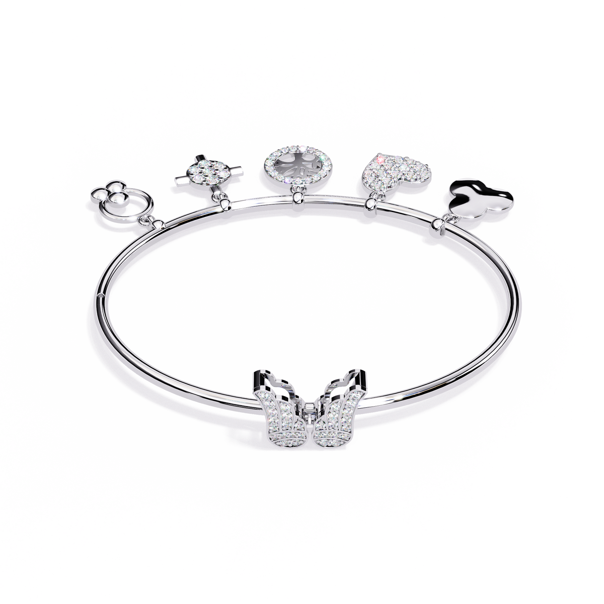 5.7 CTW Diamond Multi-Charm Bangle in White Gold front and detail view 2 – Lunéa Paris
