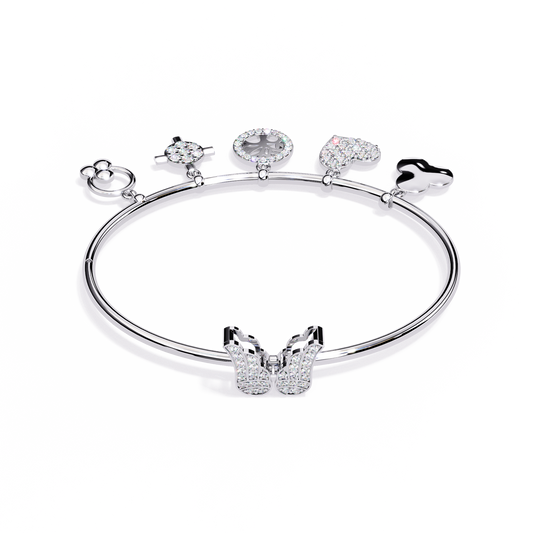 5.7 CTW Diamond Multi-Charm Bangle in White Gold front and detail view 2 – Lunéa Paris
