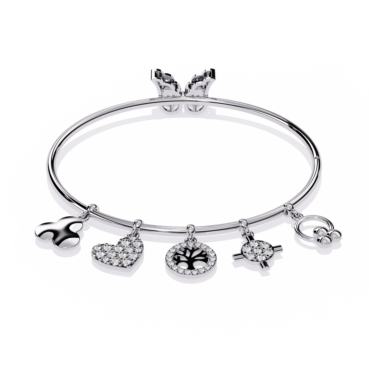 5.7 CTW Diamond Multi-Charm Bangle in White Gold front and detail view 5 – Lunéa Paris