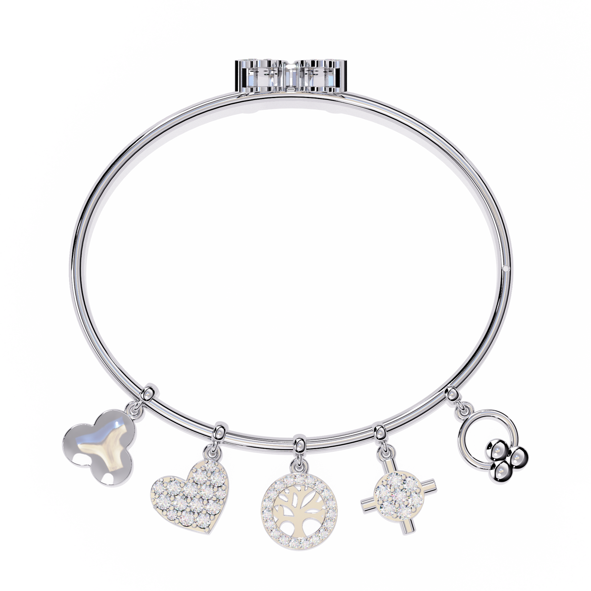 5.7 CTW Diamond Multi-Charm Bangle in White Gold front and detail view 8 – Lunéa Paris