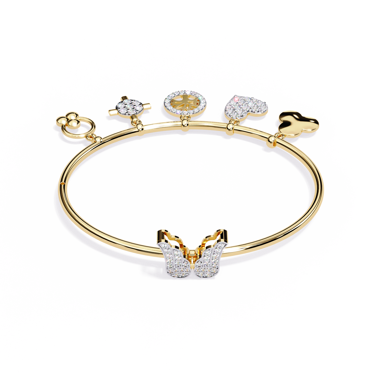 5.7 CTW Diamond Multi-Charm Bangle in Yellow Gold front and detail view 1 – Lunéa Paris