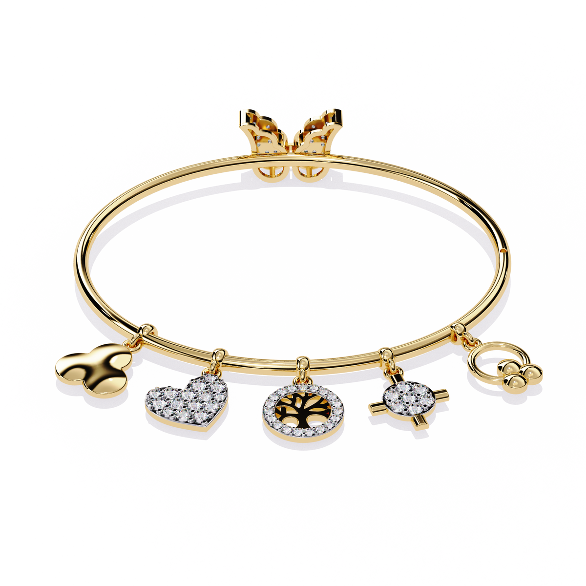 5.7 CTW Diamond Multi-Charm Bangle in Yellow Gold front and detail view 6 – Lunéa Paris