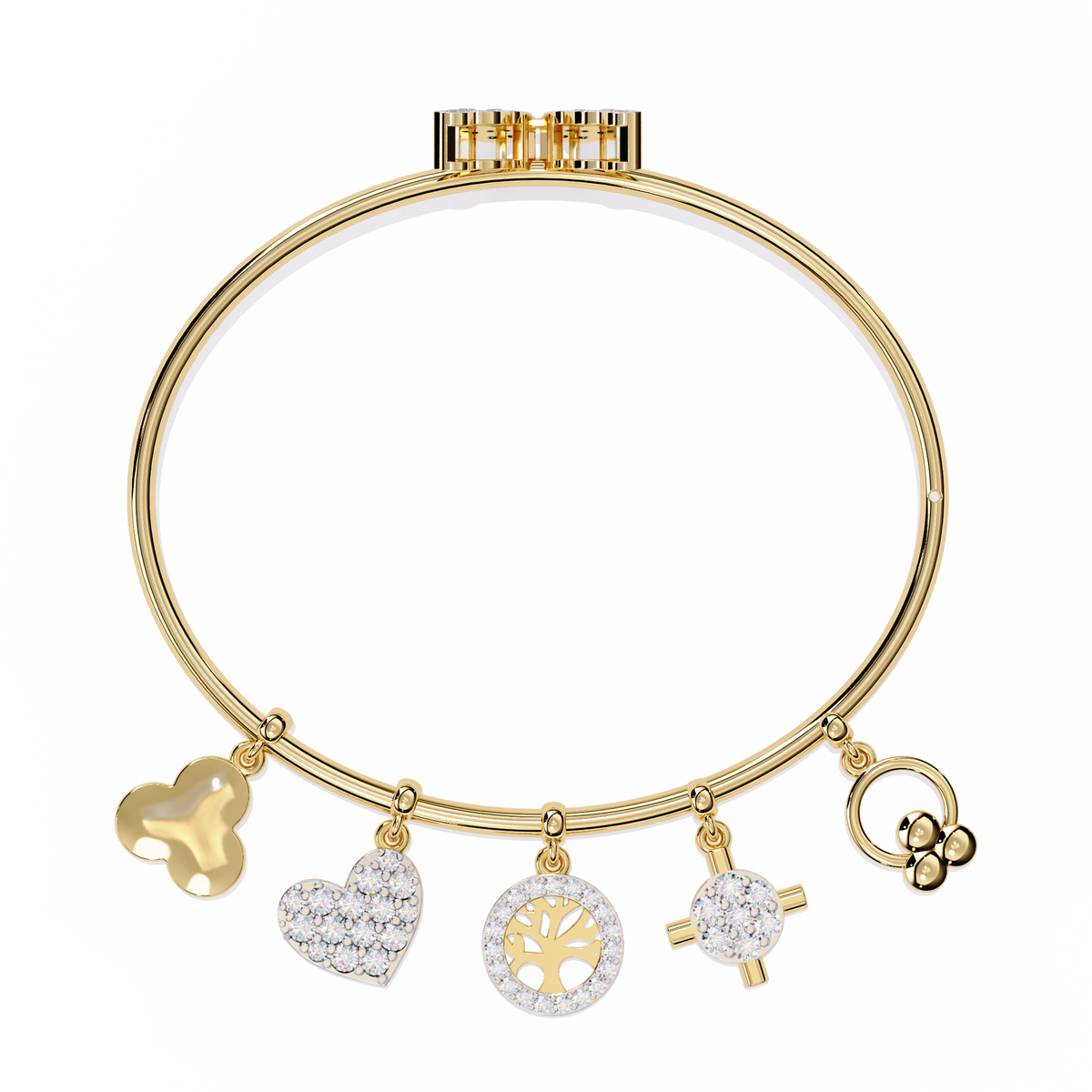 5.7 CTW Diamond Multi-Charm Bangle in Yellow Gold front and detail view 7 – Lunéa Paris