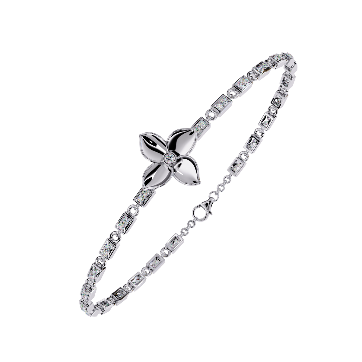 0.4 CTW Floral Round Diamond Link Bracelet White Gold CAD view 16 - Lunéa Paris