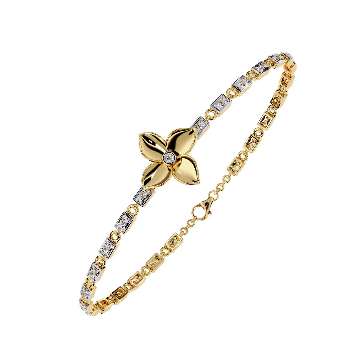 0.4 CTW Floral Round Diamond Link Bracelet Yellow Gold CAD view 15 - Lunéa Paris