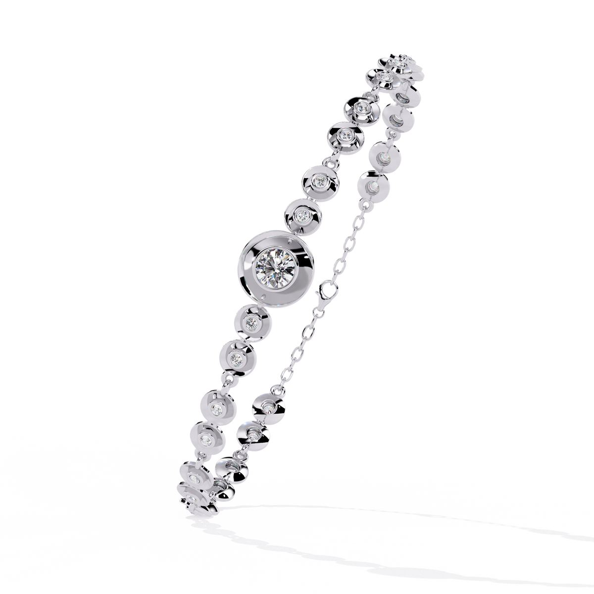 Round diamond bezel-station tennis bracelet in White Gold, view 14 – Lunéa Paris