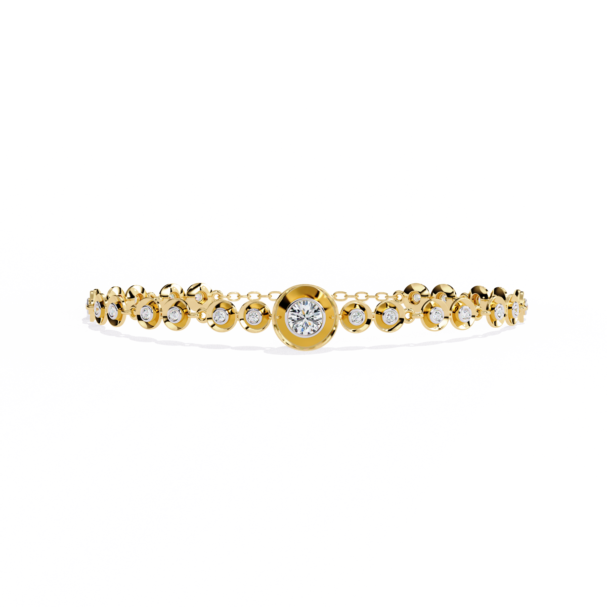 Round diamond bezel-station tennis bracelet in Yellow Gold, view 1 – Lunéa Paris