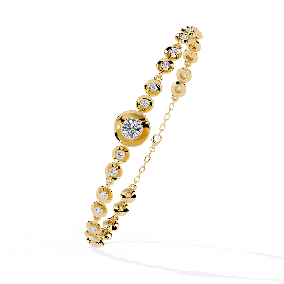 Round diamond bezel-station tennis bracelet in Yellow Gold, view 13 – Lunéa Paris