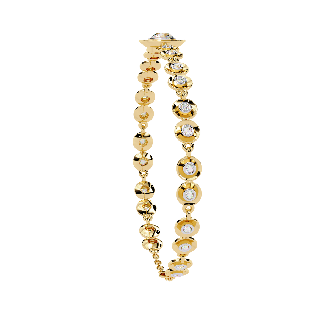 Round diamond bezel-station tennis bracelet in Yellow Gold, view 6 – Lunéa Paris
