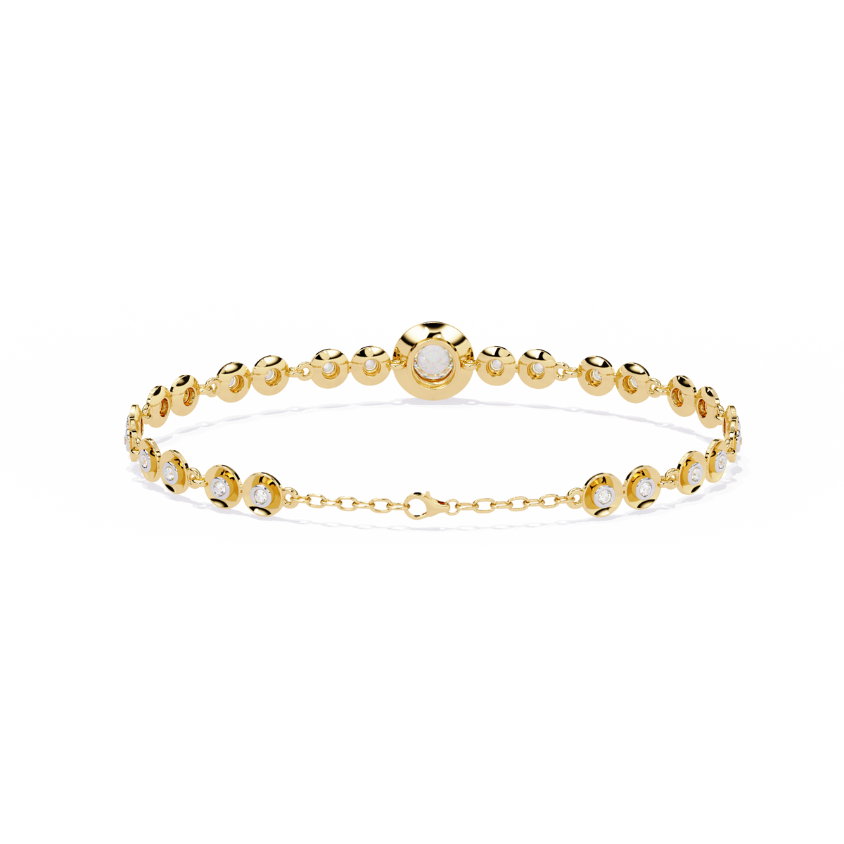 Round diamond bezel-station tennis bracelet in Yellow Gold, view 7 – Lunéa Paris