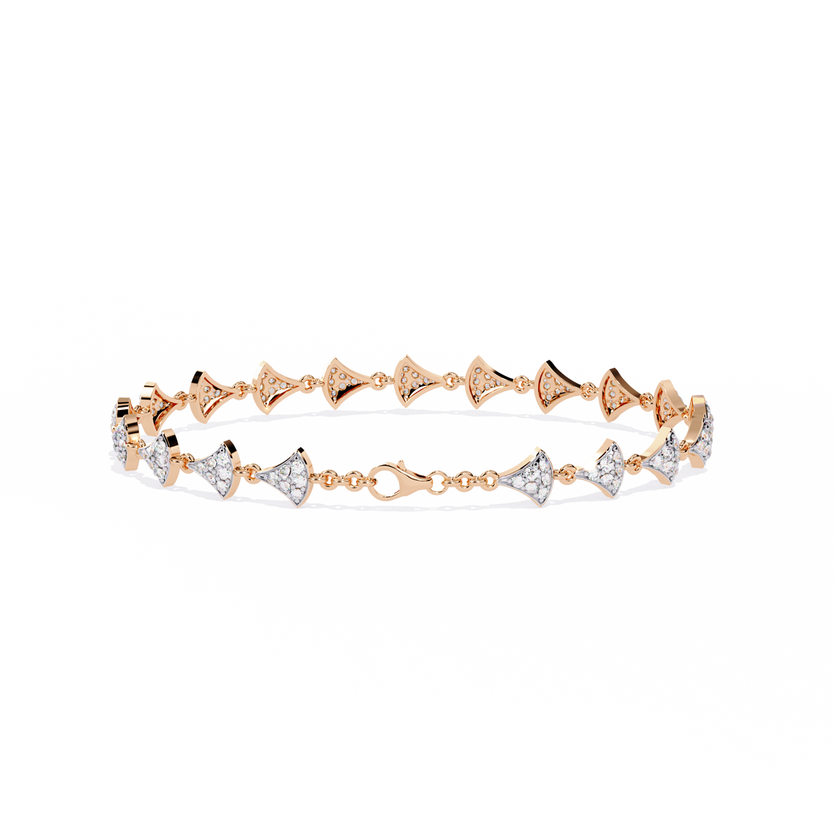 1.1 CTW pavé fan-link round diamond tennis bracelet in Rose Gold, clasp-side flat view – Lunéa Paris