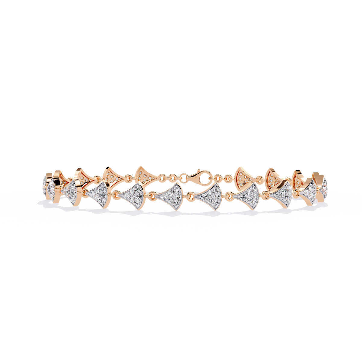 1.1 CTW pavé fan-link round diamond tennis bracelet in Rose Gold, front-facing flat view – Lunéa Paris