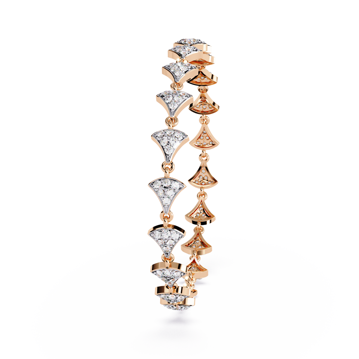 1.1 CTW pavé fan-link round diamond tennis bracelet in Rose Gold, standing view – Lunéa Paris