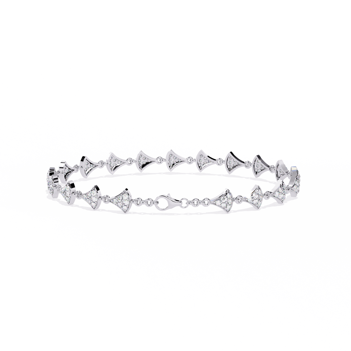 1.1 CTW pavé fan-link round diamond tennis bracelet in White Gold, clasp-side flat view – Lunéa Paris