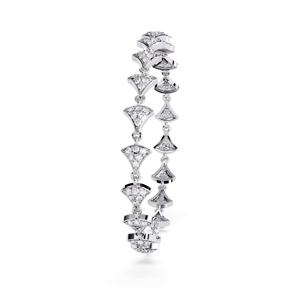 1.1 CTW pavé fan-link round diamond tennis bracelet in White Gold, standing view – Lunéa Paris