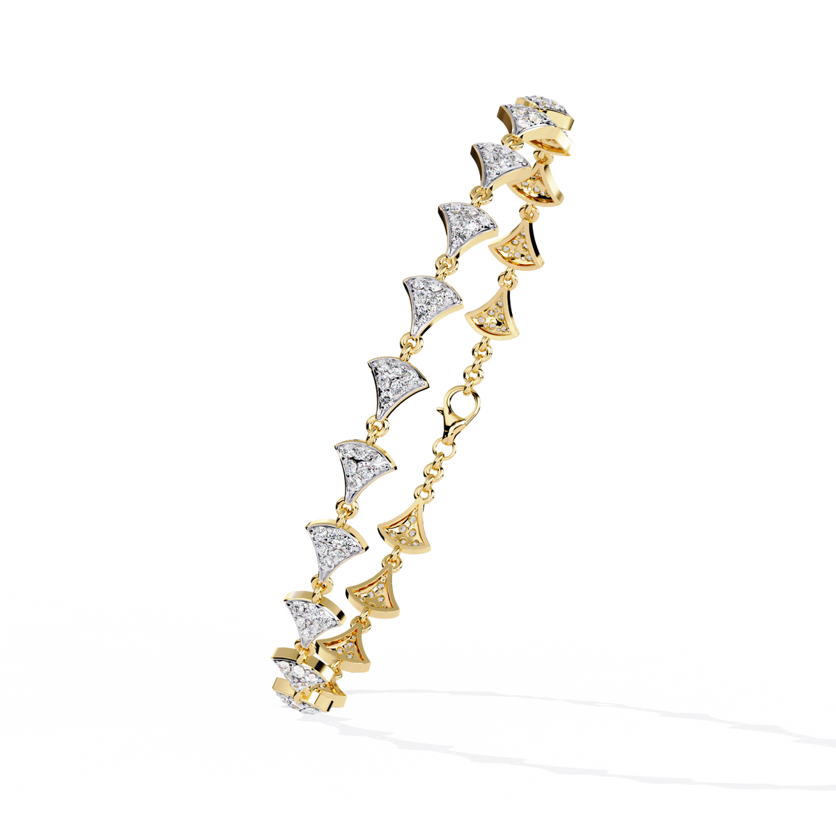 1.1 CTW pavé fan-link round diamond tennis bracelet in Yellow Gold, upright angled view – Lunéa Paris