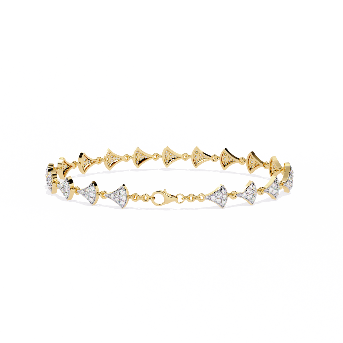 1.1 CTW pavé fan-link round diamond tennis bracelet in Yellow Gold, clasp-side flat view – Lunéa Paris
