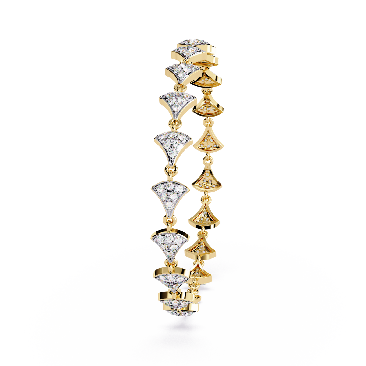 1.1 CTW pavé fan-link round diamond tennis bracelet in Yellow Gold, standing view – Lunéa Paris