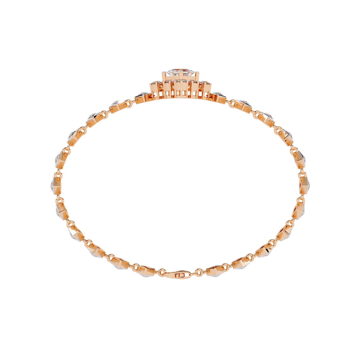1.7 CTW princess-center and round diamond link tennis bracelet in Rose Gold, circular profile view – Lunéa Paris