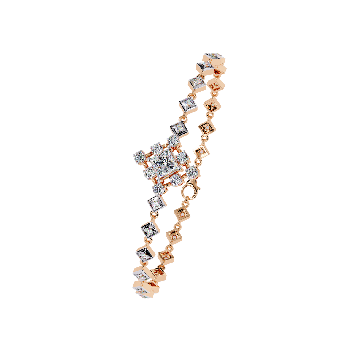 1.7 CTW princess-center and round diamond link tennis bracelet in Rose Gold, angled detail view – Lunéa Paris
