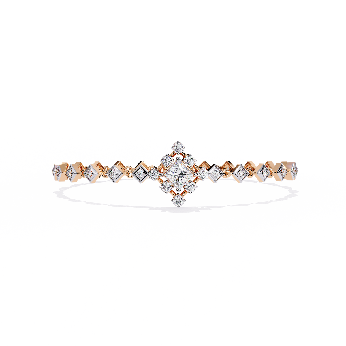 1.7 CTW princess-center and round diamond link tennis bracelet in Rose Gold, front-facing flat view – Lunéa Paris