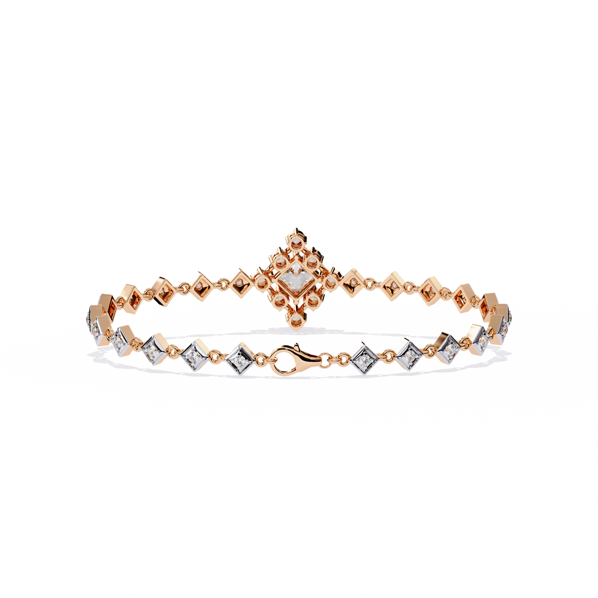 1.7 CTW princess-center and round diamond link tennis bracelet in Rose Gold, clasp-side flat view – Lunéa Paris