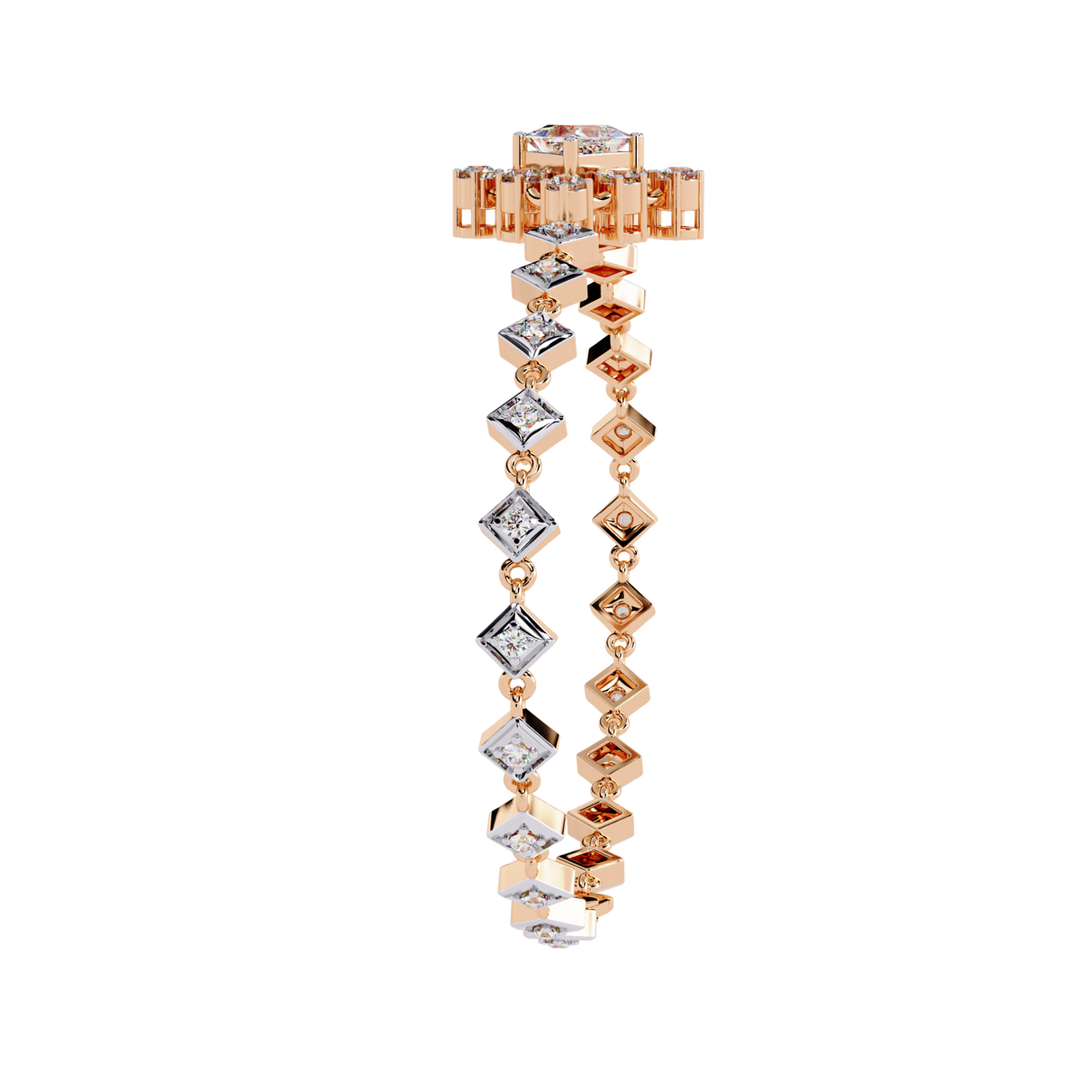 1.7 CTW princess-center and round diamond link tennis bracelet in Rose Gold, upright side profile – Lunéa Paris