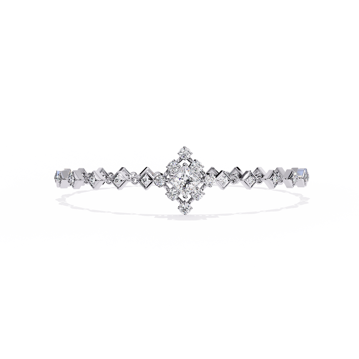 1.7 CTW princess-center and round diamond link tennis bracelet in White Gold, front-facing flat view – Lunéa Paris