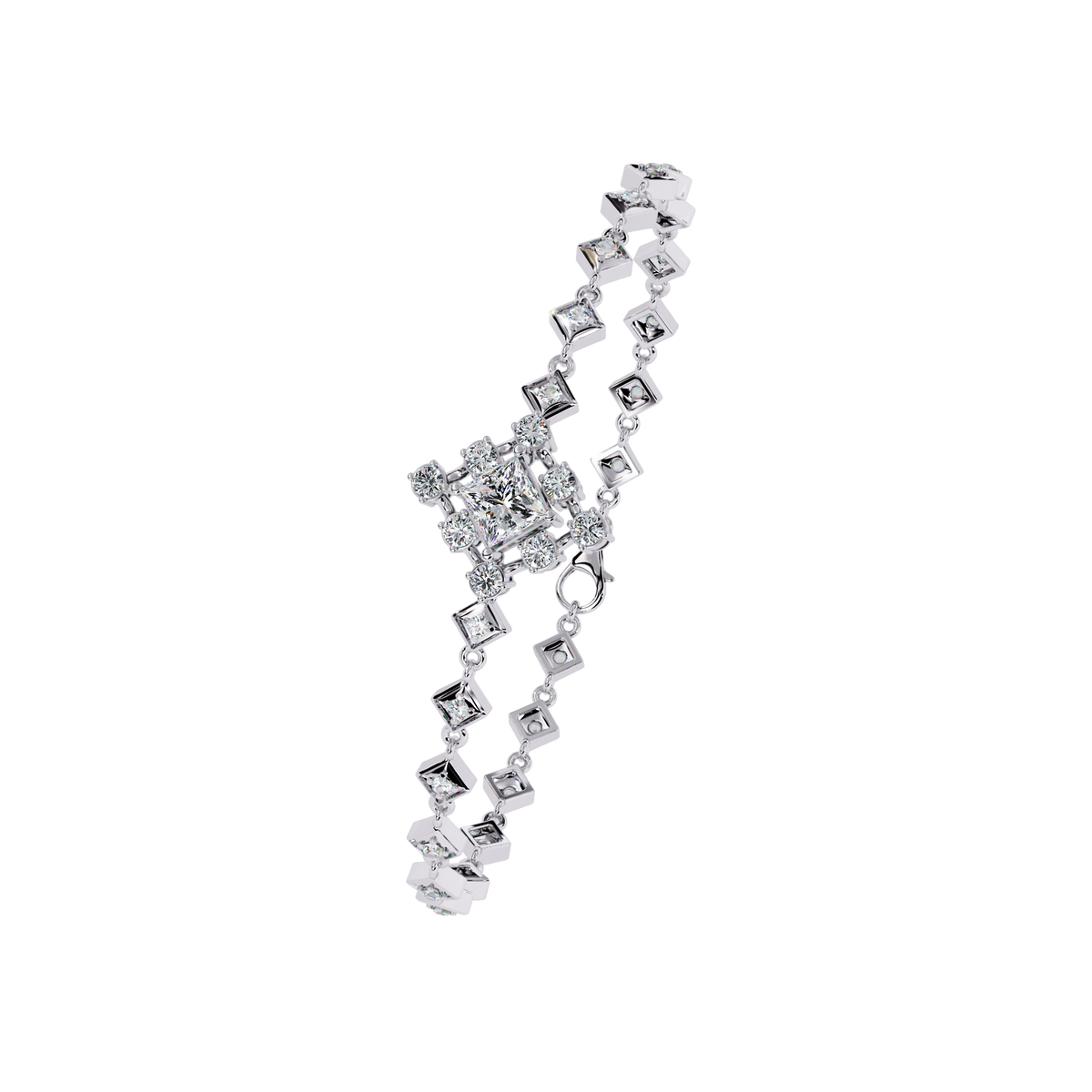 1.7 CTW princess-center and round diamond link tennis bracelet in White Gold, angled detail view – Lunéa Paris