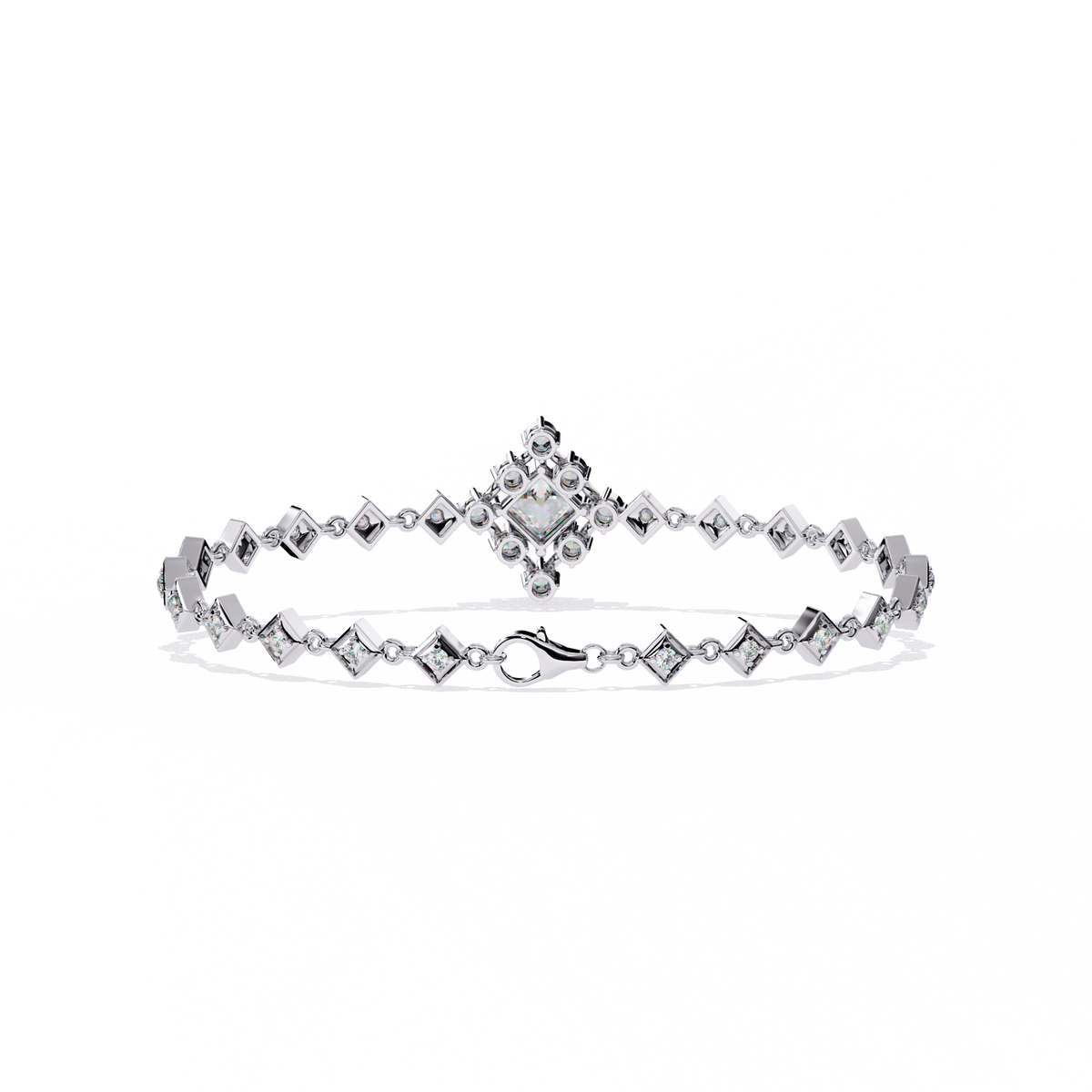 1.7 CTW princess-center and round diamond link tennis bracelet in White Gold, clasp-side flat view – Lunéa Paris