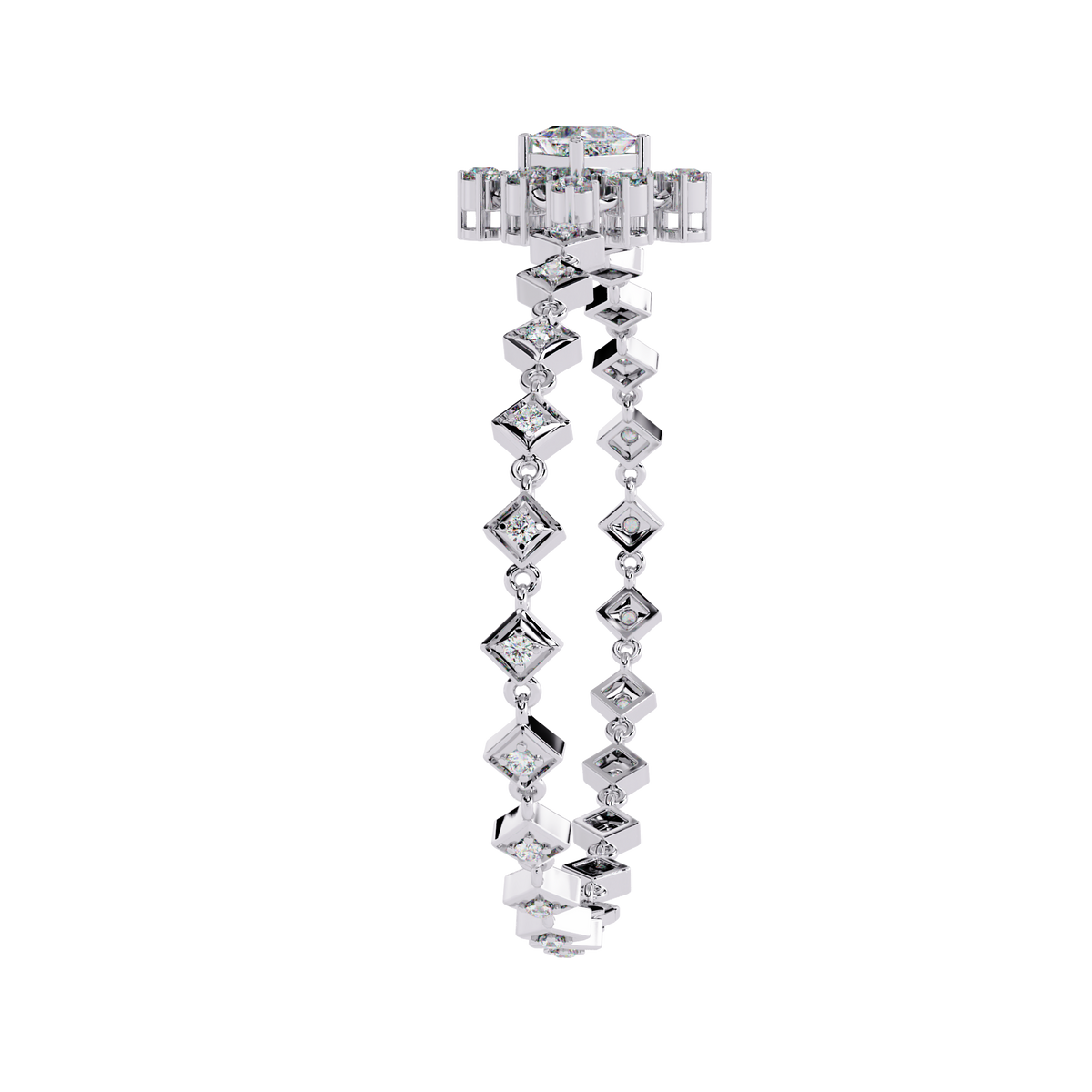 1.7 CTW princess-center and round diamond link tennis bracelet in White Gold, upright side profile – Lunéa Paris