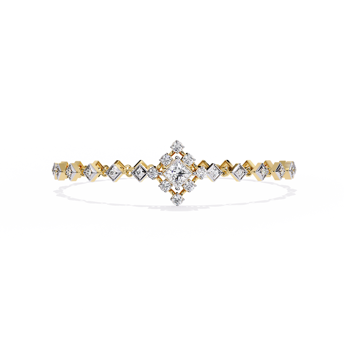 1.7 CTW princess-center and round diamond link tennis bracelet in Yellow Gold, front-facing flat view – Lunéa Paris