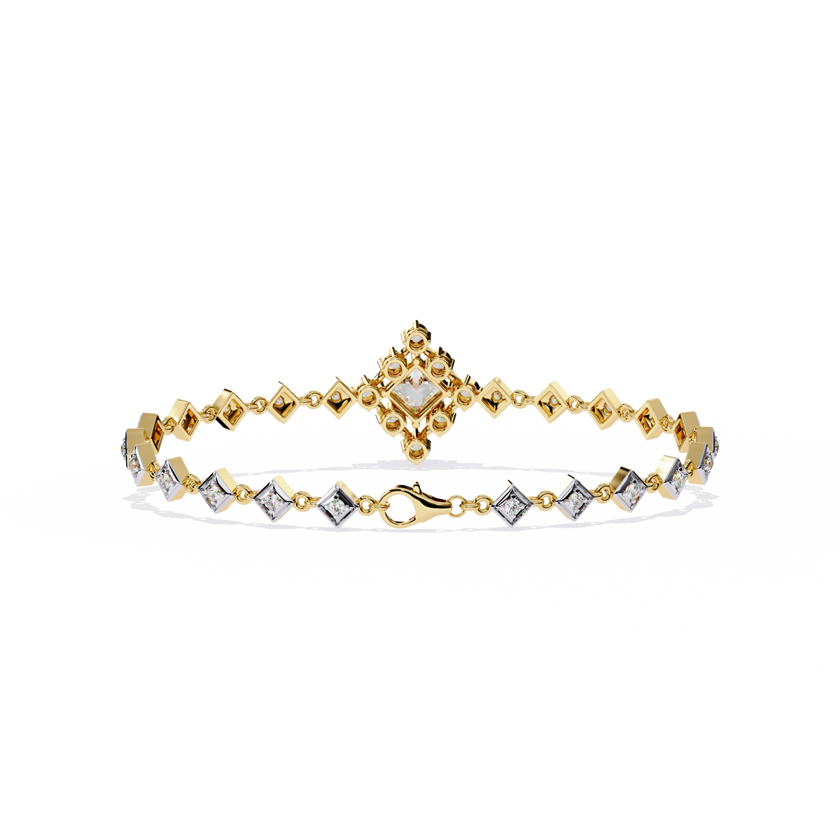1.7 CTW princess-center and round diamond link tennis bracelet in Yellow Gold, clasp-side flat view – Lunéa Paris
