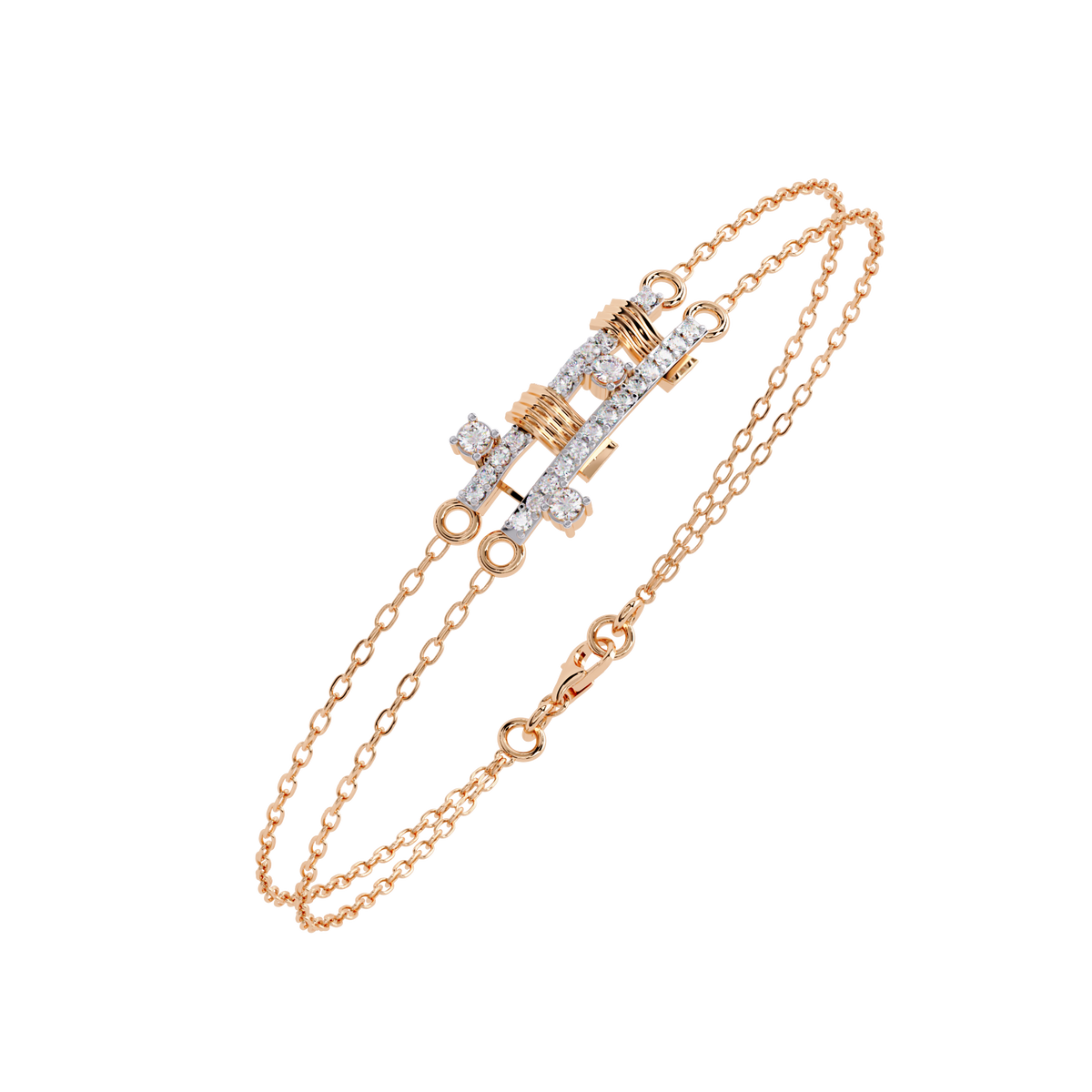0.3 CTW pavé double-bar round diamond double-chain bracelet in Rose Gold, angled view – Lunéa Paris