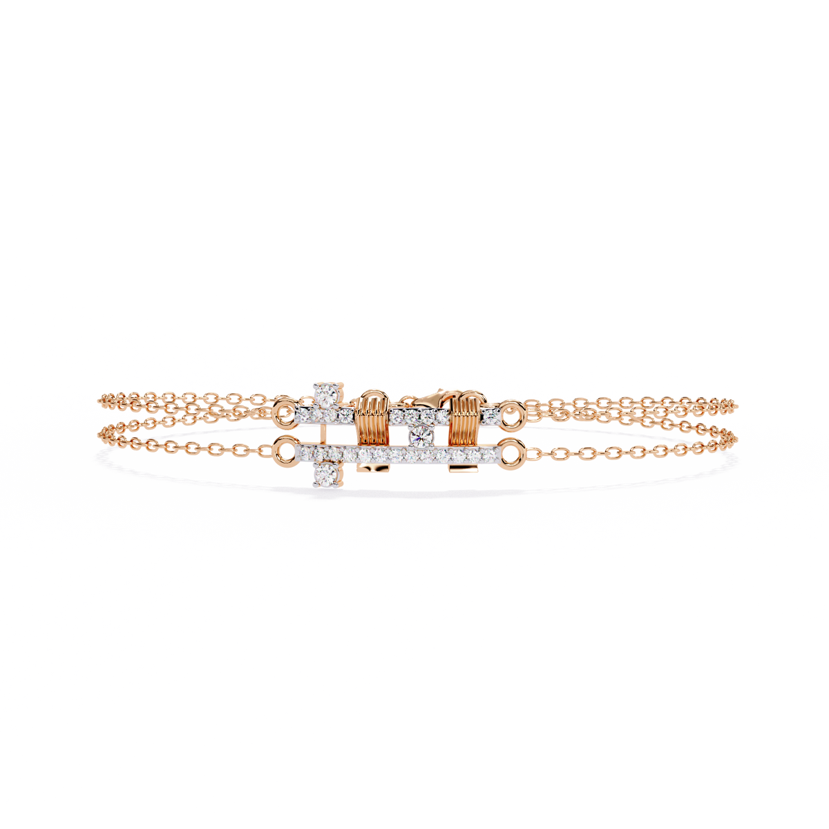 0.3 CTW pavé double-bar round diamond double-chain bracelet in Rose Gold, front-facing flat view – Lunéa Paris