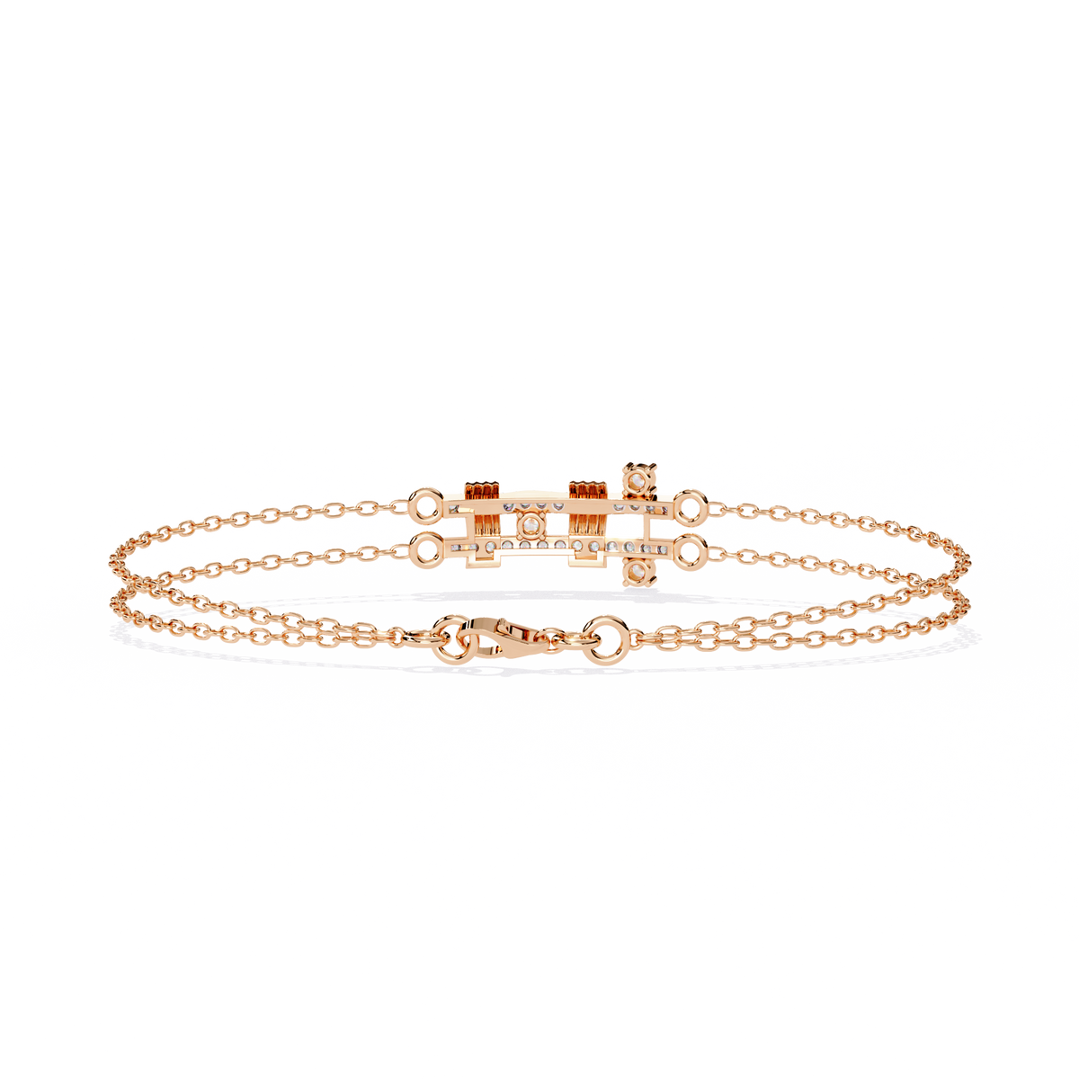 0.3 CTW pavé double-bar round diamond double-chain bracelet in Rose Gold, rear clasp-side view – Lunéa Paris